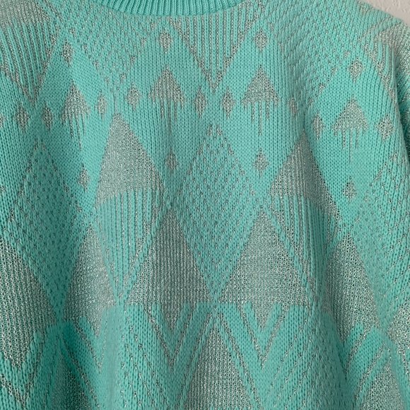 VINTAGE Mint Blue Christmas Ski Sweater Silver Winter Holiday Sweater Sparkly - Picture 7 of 12